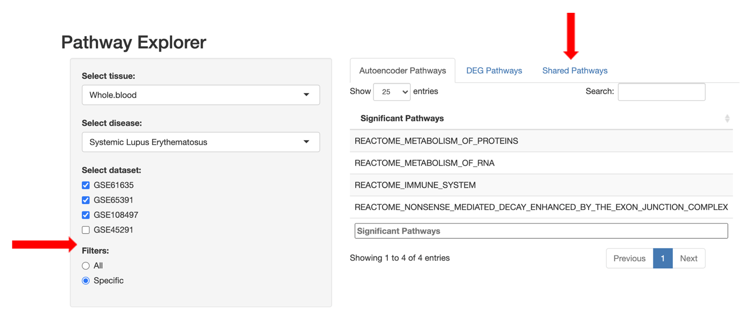 Screenshot of Pathway Explorer demonstrating the use of filters and the shared pathways option to identify pathways shared between datasets.